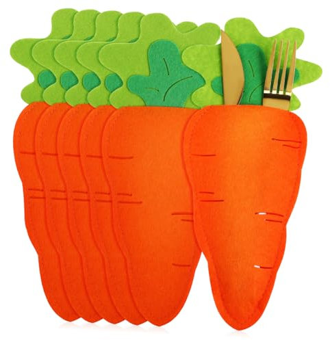 FUNNETOYU 6pcs Easter Carrot Shape Cutlery Bag Silverware Storage Lid Spoon Holder Utensil Storage Bags Fork Dining Table Decor