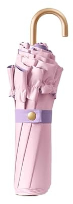 Reise Regenschirm mit Blumenrand Rüsche & Goldener Hakenbügel – 8-Rippen Faltbarer Taschenschirm für Damen/Kinder, Teflon-Beschichtung mit UV 50+ Schutz, Leicht & Kompakt für Tasche/Rucksack