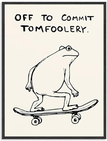 Dazzlewall Frog Wall Art Funny Quote Poster Off To Commit Tomfoolery, Funky Skateboard Frog Picture for Bathroom Bedroom Decor 12×16 in Unframed