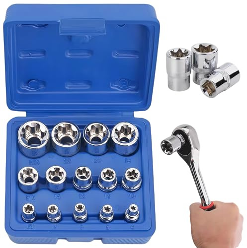 PRITOK Set di chiavi a bussola Torx per esterni da 14 pezzi: 1/4 3/8 e 1/2 chiavi a bussola E4, E5, E6, E7, E8, E10, E11, E12, E14, E16, E18, E20, E22, E24 con scatola di conservazione (Nero)