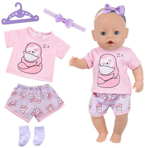 Baby Doll Clothes for 14-18 Inch Doll 35-45 cm Baby Doll, New Baby Dolls Accessories with Sweet Sloth Top Shorts Hairband Clothes Hanger Socks for Girls Kids Friends Birthday Easter Gifts (No Doll)