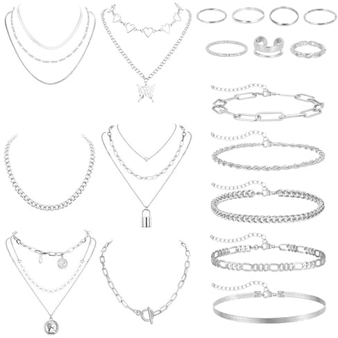 DAVBNM 17Pcs Gold Silver Jewelry Sets Rings Bracelets for Women Layered Necklace Chunky Knuckle Rings, Women's Jewellery Set, Fashion Necklace Stack Waterproof Gold Jewellery Set for Women(silver)