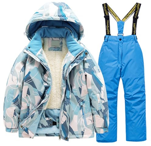 Generisch Combinaison de ski d'hiver doublée pour enfants - Veste et pantalon - Ensemble pour garçons et filles - Combinaison de neige chaude - Protection contre les intempéries, bleu, 12-14 ans