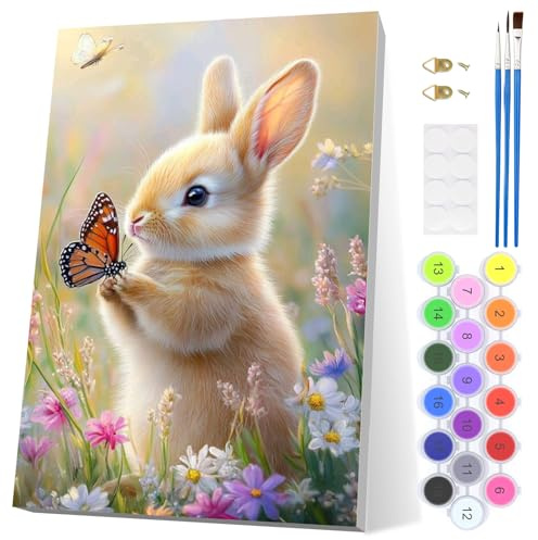 EOBROMD Pintar por Numeros Adultos, Conejo de Pascua Pintura por Numeros con Marco, Flores Kit de Pintura al óleo de Lienzo DIY para con Pinceles, Pigmento Acrílico, Decoración para el Hogar 20x30cm