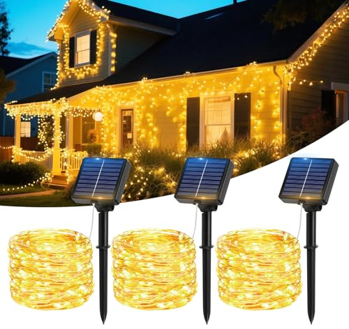Catena luminosa solare per esterni, [3 confezioni] 17M 150 LED Luci solari a catena IP65 impermeabili 8 modalità filo di rame, Luci solari per giardino, terrazza, matrimonio, decorazioni natalizie