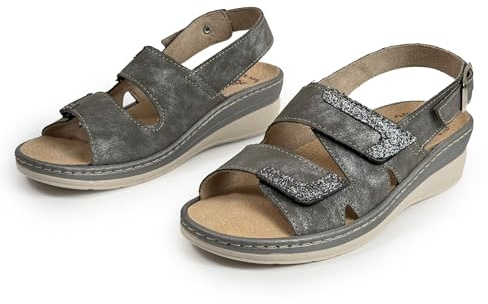 JOMIX Sandali Donna Zeppa Ortopedici Comodi con Plantare Estraibile in Vera Pelle Doppio Strappo e Fibbia Regolabile Scarpe Anziani Ergonomici Anatomici per Piedi Delicati e Maturi Grigio 39