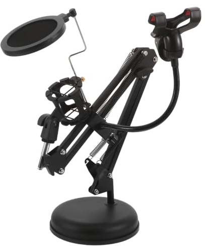 WATIIFUFU Justerbar Mikrofonarm med Telefonhållare och Popfilter Vibrationsdämpande Bordstativ för Streaming Inspelning och Sändning Rotation och Brusreducering för Hemmastudio
