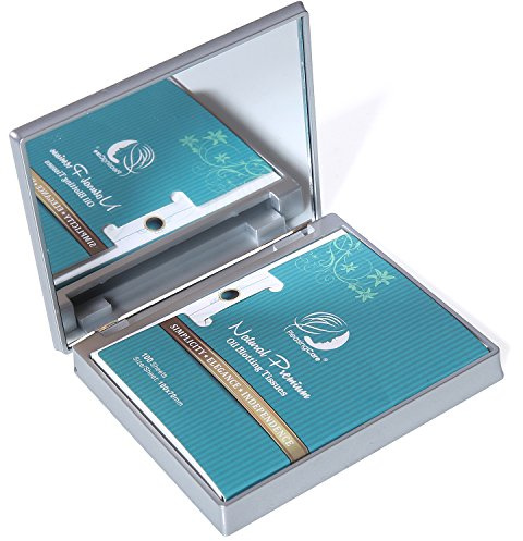 Makeup Mirror with Facial Oil Blotting Paper Sheets - Bamboo Charcoal 100 Counts, Silver Compact Folding Cosmetic Travel Mirror