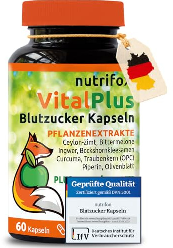 Nutrifox® - 60 Blutzucker Kapseln Vital Plus (Ceylon-Zimt, Chrom, Zink, OPC, Bittermelone, Bockshornkleesamen, Kurkuma, Ingwer, Vitamin B-Komplex, usw.) 1 Monat, von Beratern für Diabetes