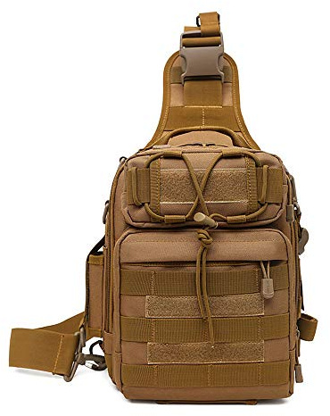 HUNTVP Taktisk slingväska paket liten molle en rem dagväska axelväska fiskeutrustning sling bröstväska paket för camping vandring cykling utomhus, Brun kamouflage, 8.7(W) x 5.9(D) x 11.8(H)