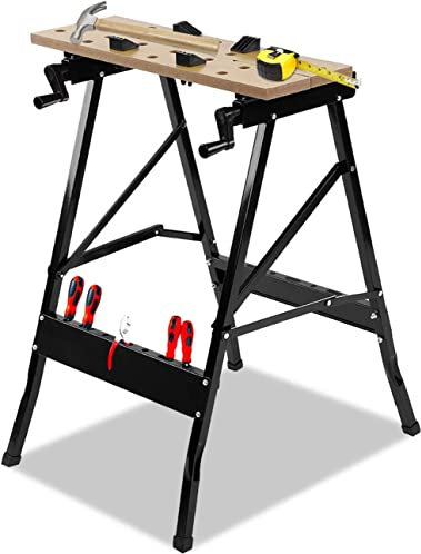 Folding Workbench, Portable Trestle Work Bench/SawhorseWork Bench Table for Clamping Painting Cutting, Solid Steel and MDF Wood Working Engineering Repairing Workbench, 220lbs Capacity