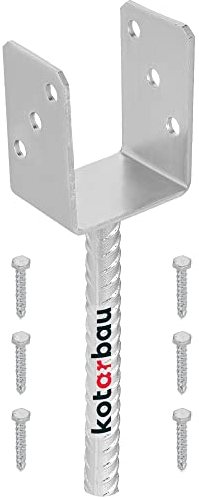 KOTARBAU® Soporte de poste en U, 81 mm, Anclaje para superficies hormigonadas, Pletina con varilla para homigonar, Soporte de suelo para postes de madera, Hormigón, Acero Galvanizado en caliente