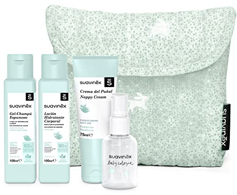 Suavinex, Neceser para Bebés de Tela, Set Regalo Bebé Recién Nacido con Cosmética: Gel Champú 100 ml + Loción Hidratante 100 ml + Crema Pañal 75 ml + Colonia Bebé 50 ml. Formato Viaje. Mint
