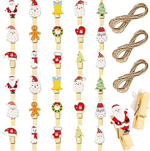Kiiwah 30 pièces Mini Pince a Linge Bois Noël, Mini Epingle en Bois pour Guirlande Photo, Arbre de Noël, Fête, Décoration Noël