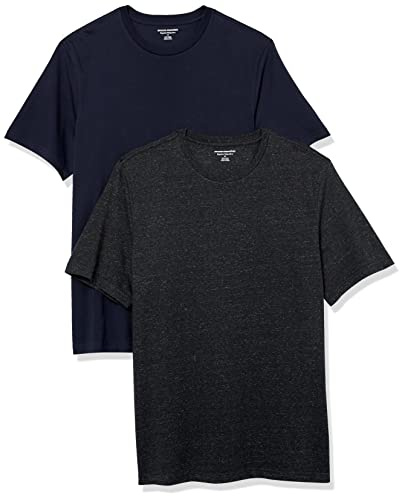Amazon Essentials T-shirt en Coton à Col Rond à Manches Courtes, Coupe Classique Homme, Lot de 2, Bleu Marine/Charbon Chiné, L