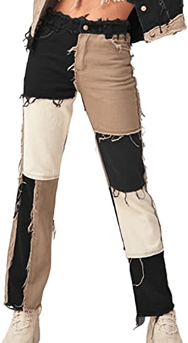 Angel ZYJ Jean Femme Jeans Patchwork pour Femme Straight Fit Jean Vintage Casual Pantalon