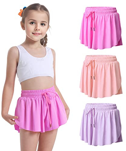 Lot de 3 Shorts fluides 2 en 1 pour Filles avec Jupe Papillon et Poches pour Danse, école, Course à Pied, Gym, Fitness, Sommeil, Violet Clair + Rose + Rose, 10-12 Ans