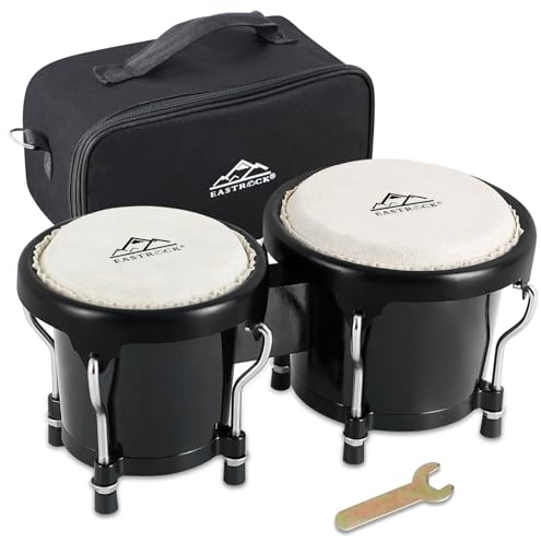 EASTROCK Bongo Drum 4” and 5” Bongos Set for Adults Beginners Professionals Tunable Wood Hand Drum Percussion Instruments With Tuning Wrench (Black)
