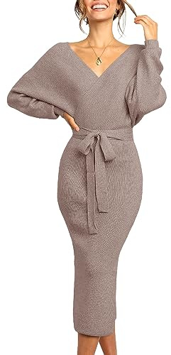 Saodimallsu Vestido de mujer con cuello en V vestido de punto manga larga suéter con aberturas vestido con espalda abierta vestido ajustado con cinturón para otoño invierno, café, S