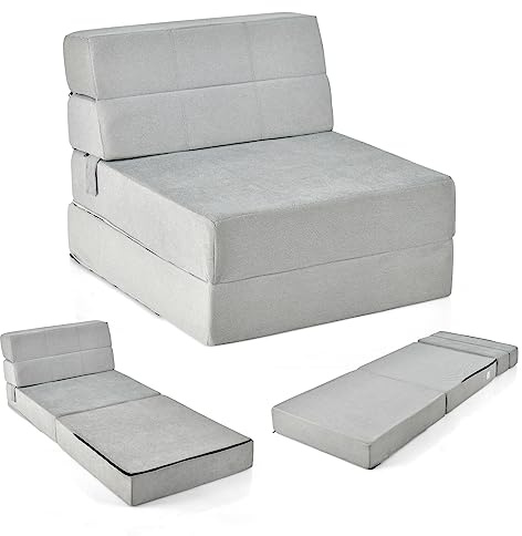 COSTWAY 3-i-1 vikbar bäddsoffa, hopfällbar madrass, extra tjock skum (15 cm), bäddsoffa, golvmadrass, vikbar madrass, gästmadrass med avtagbart och tvättbart överdrag, 190 x 71 x 15 cm (grå)