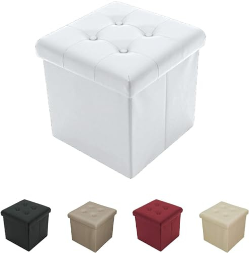 Tata Home Pouf Contenitore Poggiapiedi Ecopelle Bottoni Portaoggetti Scatola Cubo Pieghevole Salvaspazio Misura cm 38x38x38 (Bianco)