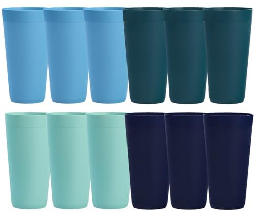 US Acrylic Newport 32 ounce Unbreakable Plastic Stackable Iced-Tea Tumblers in 4 Coastal Colors | Set of 12 Drinking Cups | Reusable, BPA-free, Made in the USA, Top-rack Dishwasher and Microwave Safe