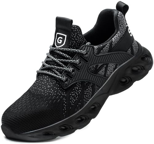 Zapatos de Seguridad Mujer Hombre Punta Metálica Zapatillas de Seguridad Hombre Anti Choque con Punta de Acero Ligeros Transpirable Zapatos Deportivos Negro Gris 38 EU