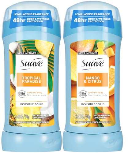 Suave Antiperspirant Deodorant for Women, Tropical Paradise + Mango & Citrus Variety 2-Pack – Anti-Staining Invisible Solid Sticks, Talc-Free, 2.6 Oz Ea
