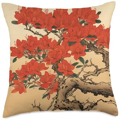 Traditional Floral Japanese Rhododendron Flower Throw Pillow