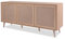 KHG Sideboard hell-braun mit 3 Türen modern Eiche-Optik, Kommode aus Holzwerkstoff Rattan-Optik, Gestell aus Massivholz - 150 x 71 x 40 cm (B/H/T)