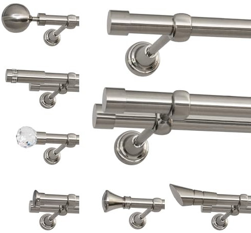 ROLLMAXXX Gardinenstange 120 cm breit - 19 mm Durschmesser - 2-Läufig - Edelstahl Optik - inkl. Wandhalterungen, Endstücken und Montagematerial im Colosseo Design