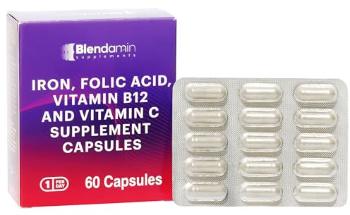Blendamin Iron Ferrous Bisglycinate with Vitamins B12 Cyanocobalamin, Folic Acid, Vitamin C, Red Cells Formation, Blood & Immunity Health 60 Capsules