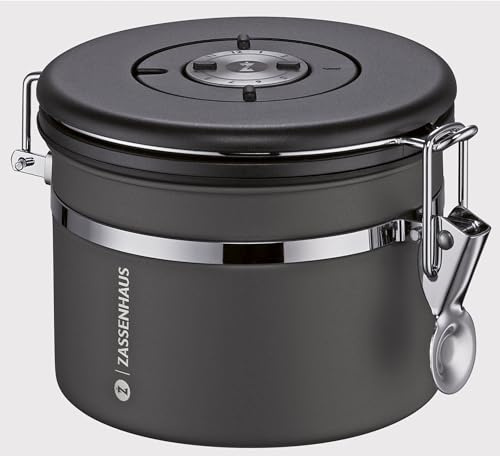 Zassenhaus Aroma Matförvaringsburk 250 g, rostfritt stål, lackerad, optimalt aromskydd tack vare integrerad ventil, med silikontätning och justerbar datumvisning, för kaffe, te, kryddor