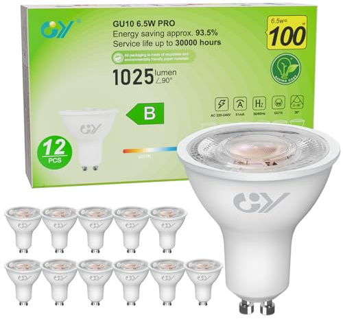 GY Ampoules GU10 LED Spot Classe B, 1025LM Blanc Neutre 4000K，6,5W Équivalent 100W GU10 36° (Faisceau Étroit), Efficacité Energétique, Non-Dimmable, Lot de 12