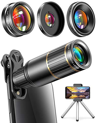 Handy-Kameraobjektiv für iPhone, Samsung Galaxy und andere Handys, 22-faches Teleobjektiv, 205-Fischaugenobjektiv, 0,67-faches Super-Weitwinkelobjektiv und 25-faches Makro-Objektiv, Metallstativ