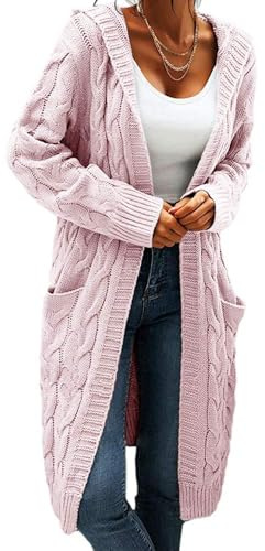 GeGekoko Damkofta med huva, långärmad grovstickad kofta med öppen front, tröja för höst och vinter, avslappnad stickad pullover med fickor, ROSA, M