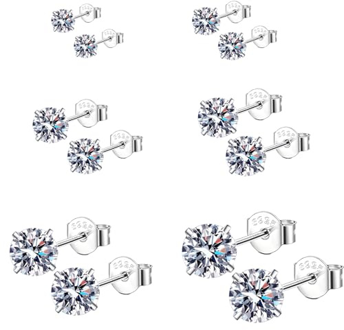 Epoch World 6 Paia Orecchini in Argento Sterling 925 Set Nichel Free Anallergici Diamante Orecchini Argento Donna Rotondi con Zirconi Cubici Orecchino per Donna Uomo