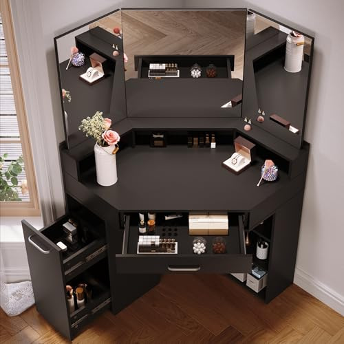 SONNI Eck Schminktisch mit Dreifachspiegel, 111x54x141.5cm, Kosmetiktisch mit Großer Schubladen, Auszugsschrank, Regale, 3 Offene Fächer, Moderner Frisiertisch für Schlafzimmer, Schwarz