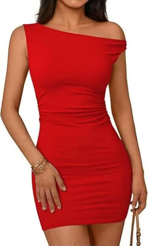 Sukiglam Robe Sexy Femme sans Manches Une Épaule Mini Robes Moulante Ete Chic et Élégante Froncées Wrap Robe Courte Glamour Bodycon Slim Robes Fourreau de Soirée Cocktail Fête Clubwear
