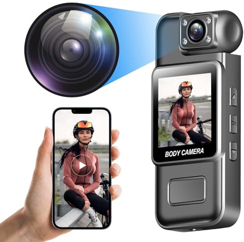4K Full UHD WiFi Body Camera, fotocamera del corpo indossabile con schermo da 1,3 pollici - visione notturna e rilevamento del movimento, registrazione loop, clip posteriore per viaggiare, conducente
