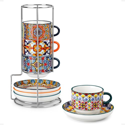 vancasso SIMI Set di 8 Tazzine Caffè con Piattino - 270 ML - Tazzina da Caffè in Ceramica per 4 Persone - con Supporto in Metallo - per Latte, Cappuccino e Espresso, Sicuro in Microonde, Stile Boho