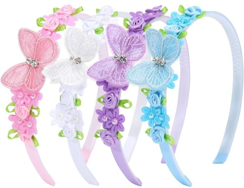 Auroriel 4er Set Diademas de Flores y Mariposas para Niñas, Accesorios para el Cabello Elásticos Antideslizantes, Cintas para la Cabeza de Colores para Bebés, Niños, Adol