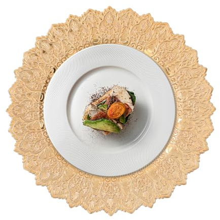 MEELRYD Lot de 50 assiettes de présentation dorées réutilisables comme décoration de table, assiettes décoratives pour mariage, fête de famille ou Noël – Diamètre : 33 cm