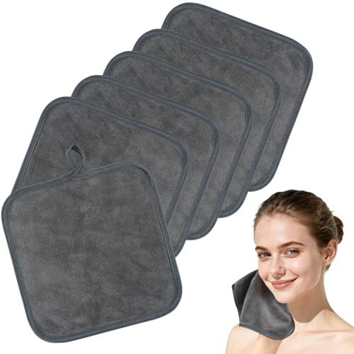SINLAND Microfiber Face Cloths Makeup Remover Washcloths Grey 8x8In 6 Pack | Reusable , Super Soft and Absorbent, Fingertip Facial Towels, For Sensitive Skin Women