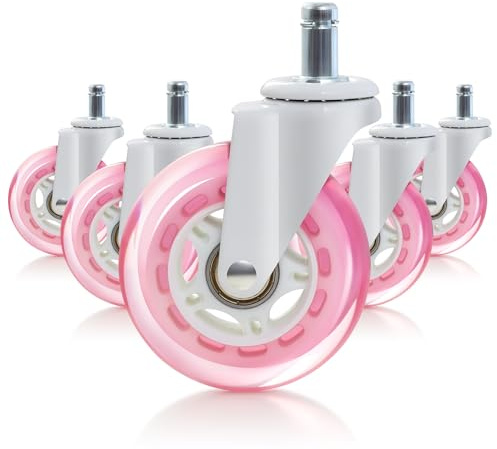 BAOLIHUI Set di 5 Ruote Rosa per Sedia da Ufficio, Rotelle da 75 mm in Gomma ad Alta Resistenza, Ultra Silenziose e Antigraffio per Parquet, Moquette e Piastrelle – Compatibili 11×22 mm