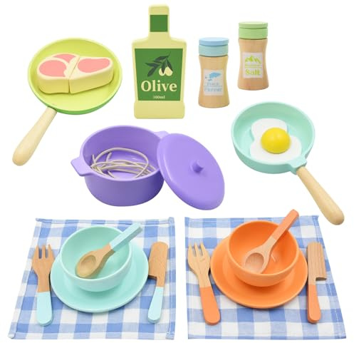 Aolkee Juego de 21 piezas de té de madera para niños pequeños, accesorios de cocina de madera, juguetes de cocina con vajilla y platos, Montessori Kid, juguete de rol para 3, 4, 5, 6 años