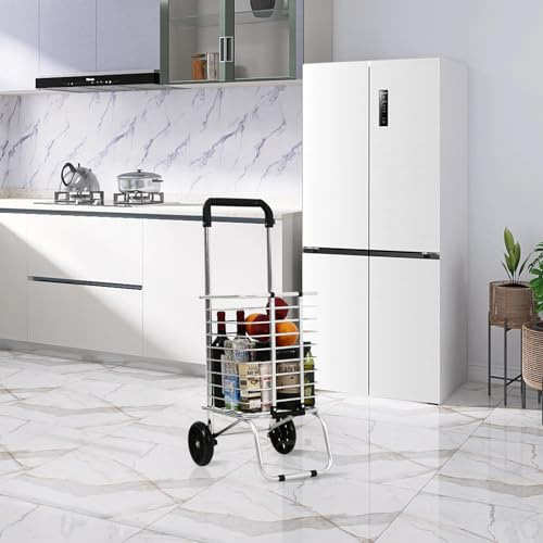 Foldable Shopping Trolley Cart, Metal Frame with Wheels, 92cm Height, 50-70 lbs Capacity, Collapsible Design for Easy Storage