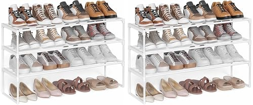 SONGMICS 3-Tier Shoe Rack, Shoe Storage Organiser, Metal Storage Rack, Upright or Upside Down, Fits 16 to 20 Pairs, Stackable, for Hallway, 30 x 92 x 55 cm, Pearl White LSA303W03 (Pack of 2)