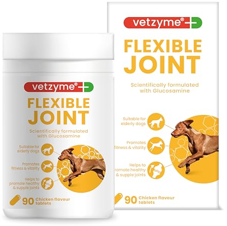 Vetzyme Flexible Joint Supplements for Dogs (90 Tablets) - Hip and Joint Care with Glucosamine, Tasty Chicken Flavour