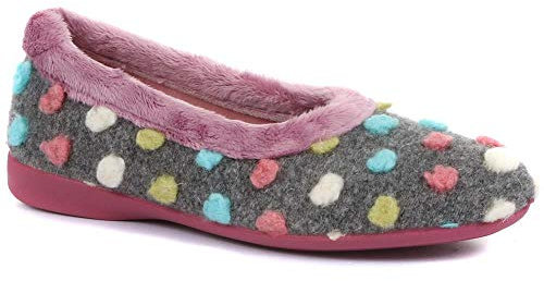 Pavers Ladies Playful Wooly Design Slippers in Grey Multi - Non-Slip Sole - Statement Contrast Pom Poms for Indoor Elegance - Size UK 8 / EU 41